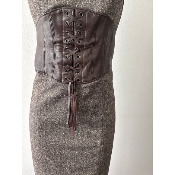 Y2K Bebe Dress Sz 10 Wool Blend Tweed Leather Corset Detail Lace Up Bodycon Slit - Picture 13 of 16